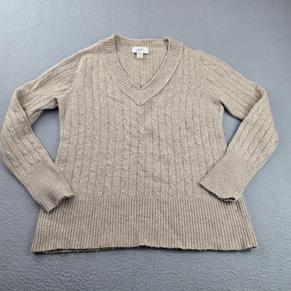 Ann Taylor Loft Sweater Womens XL Beige Cotton Speckled Cable Knit V Neck Ribbed